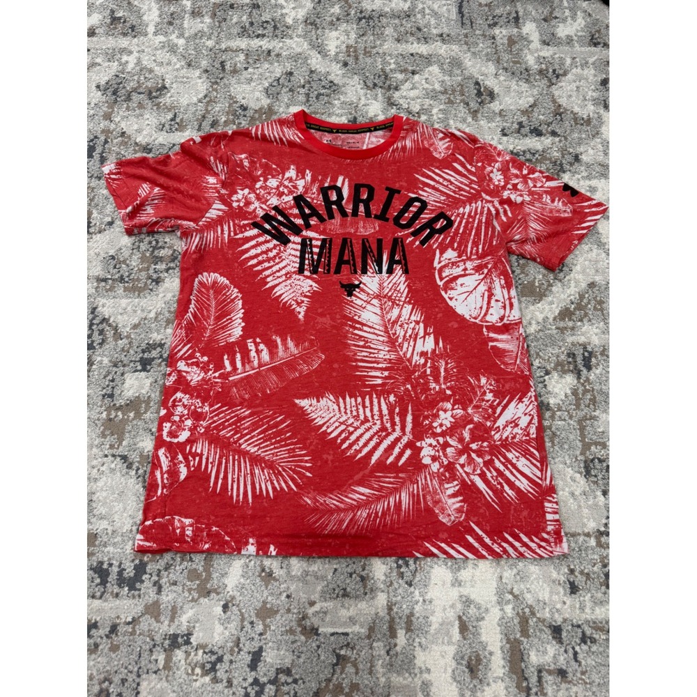 Under Armour Project Rock Warrior Mana Red Tropical Palm Print T-Shirt Mens M
